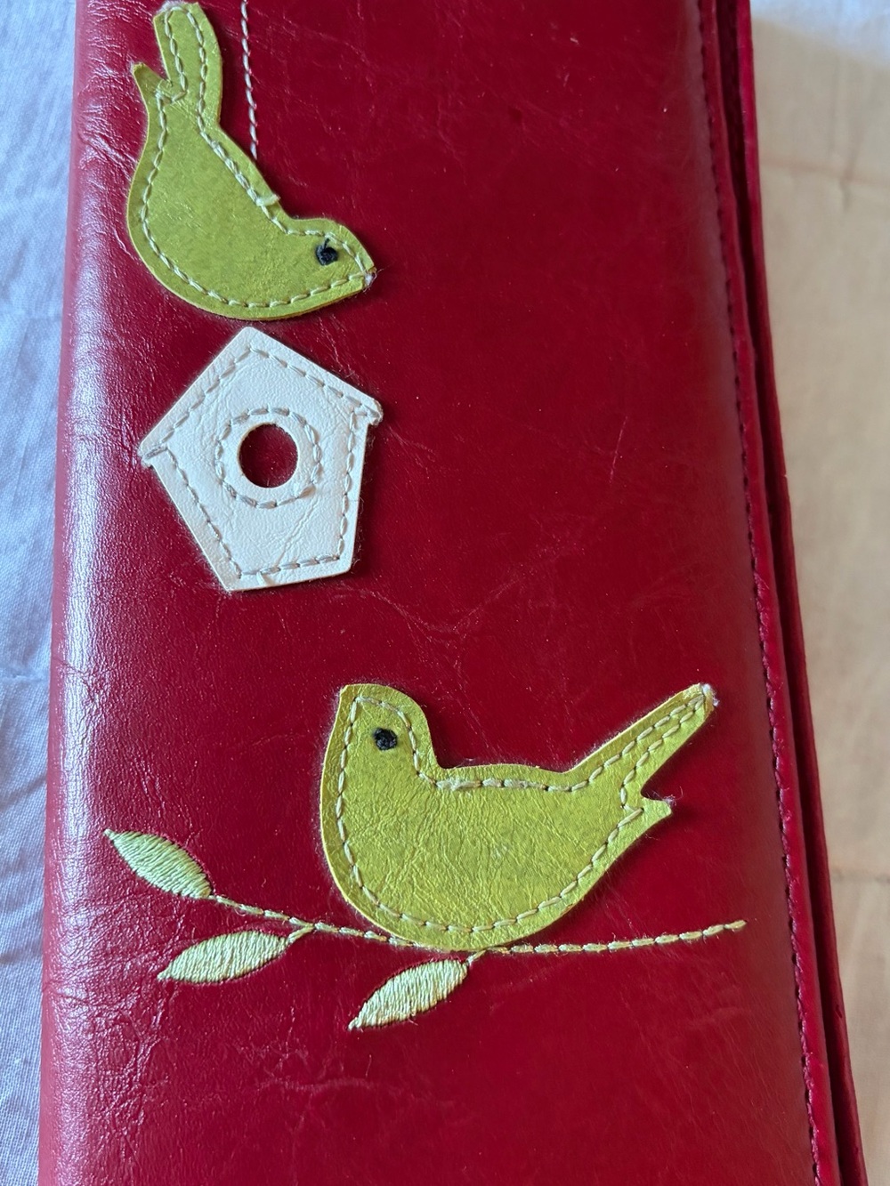 Red Women's Wallet with Green Bird Appliqués